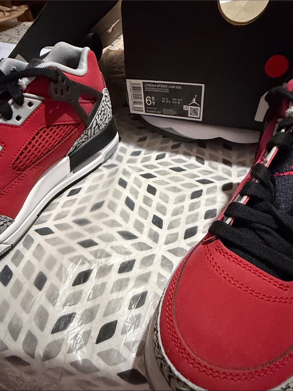 Jordan Kids Red and Black Low-Top Sneakers with Grey Elephant Print
